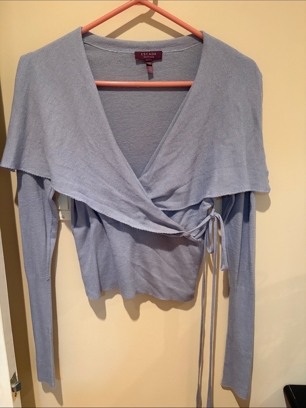 Escada Light Blue Wrap Tie-Front Long Sleeve Top